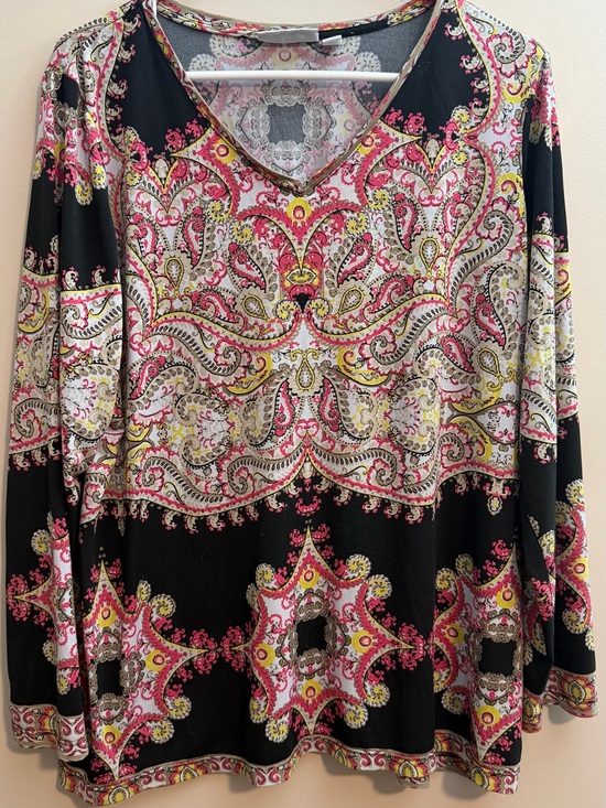 Susan Graver Tops - Susan Graver Black V-Neck Long Sleeve Paisley Top with Pink and Yellow Accents